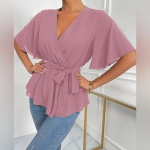 SHEIN Solid Wrap Belted V-neck Blouse
